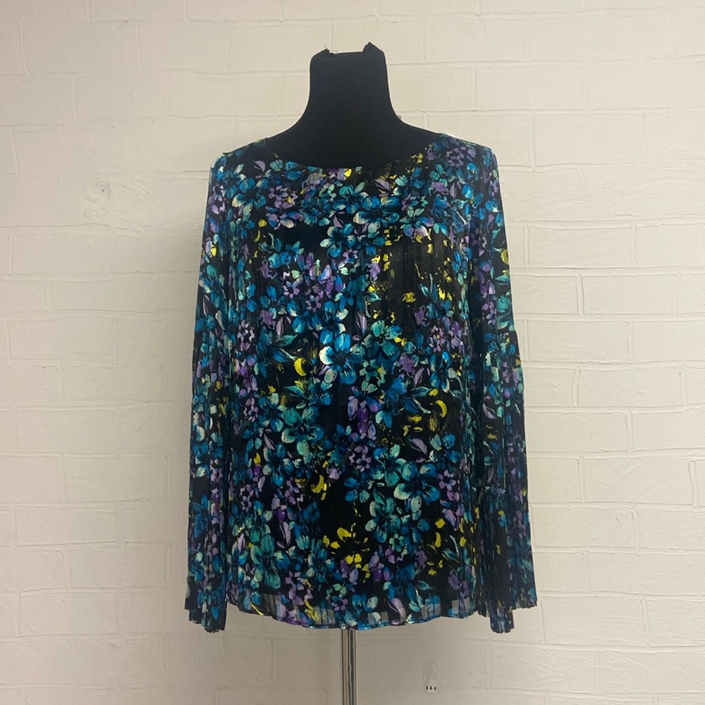 The Limited. Blue and black flora bell sleeve blouse.